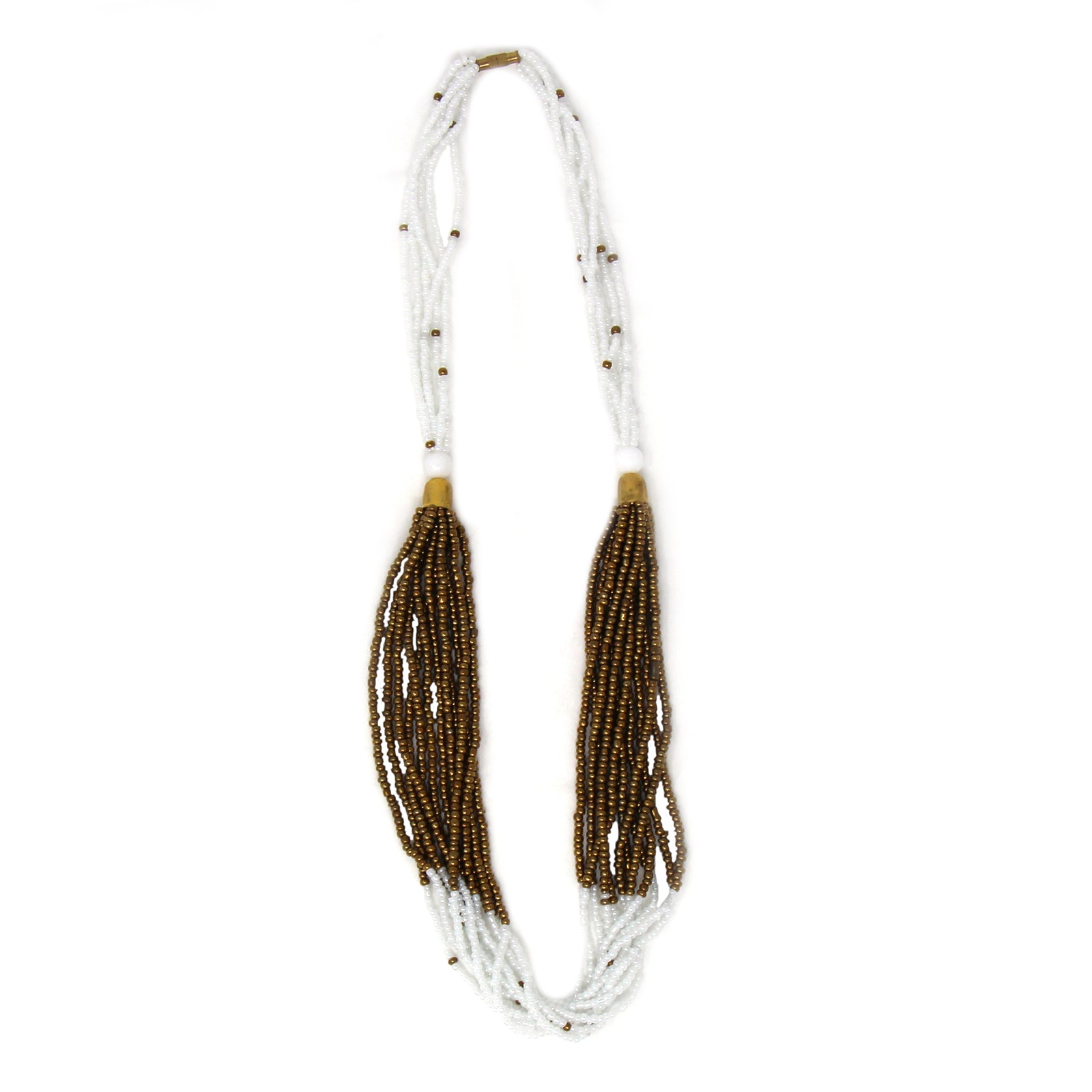 Multistrand Maasai Bead Necklace, White and Gold 1 Multistrand Maasai Bead Necklace, White and Gold