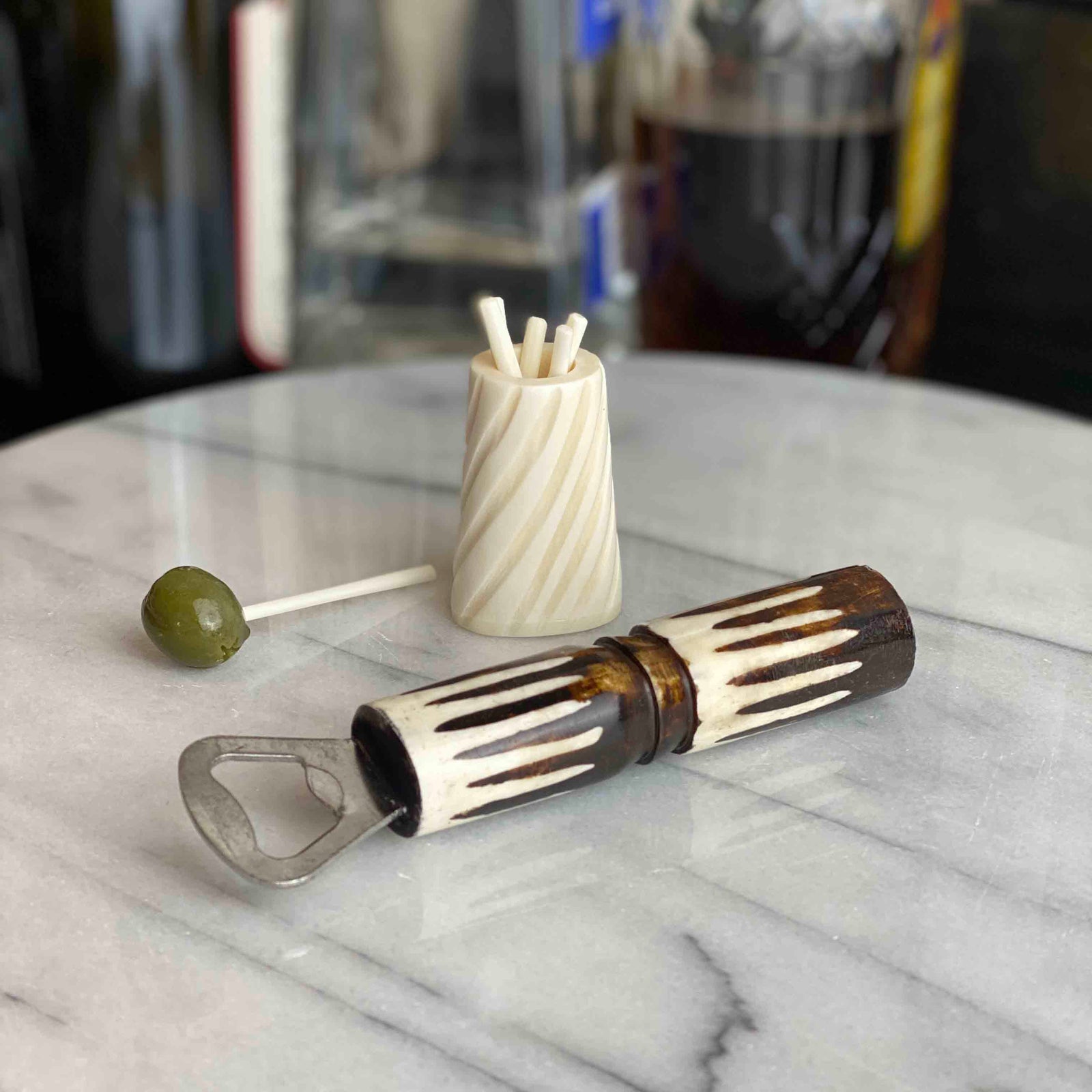Bar Kit Cocktail Picks with Jar & Bottle Opener, Natural Bone 1 Bar Kit Cocktail Picks with Jar & Bottle Opener, Natural Bone