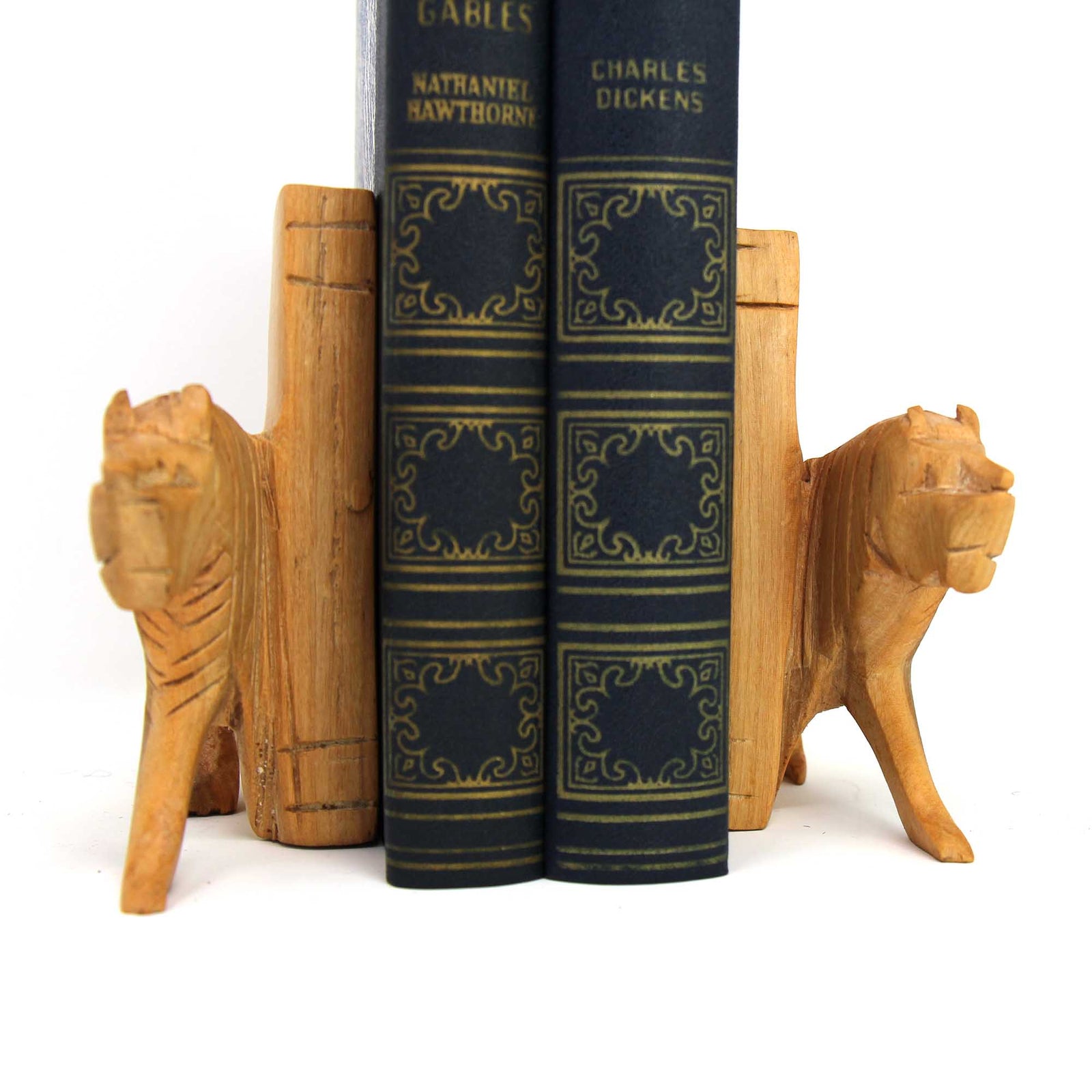 Carved Wood Lion Book Ends, Set of 2 1 Carved Wood Lion Book Ends, Set of 2