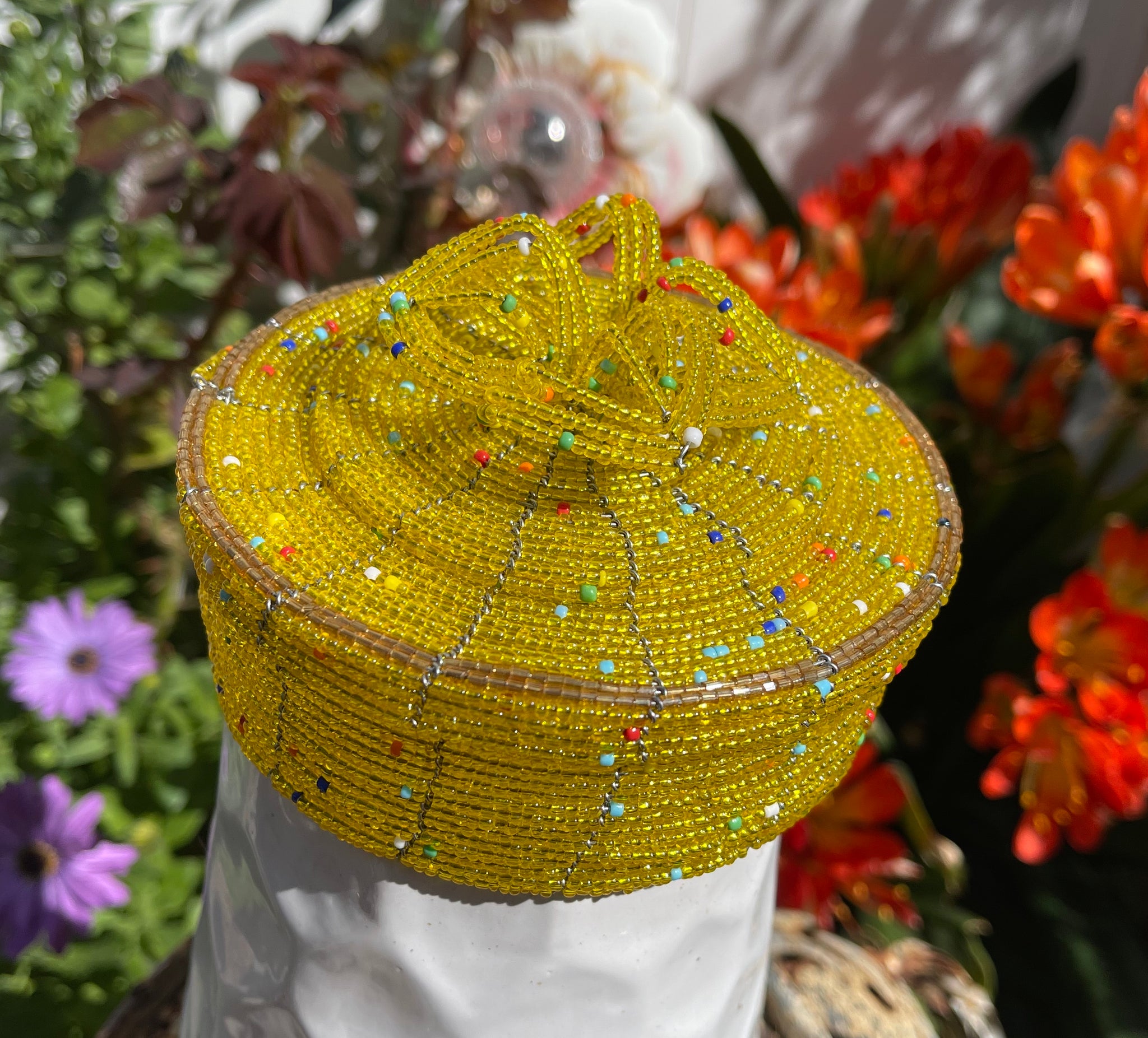 Handmade Round Seed Bead Basket with Lid 1 Handmade Round Seed Bead Basket with Lid