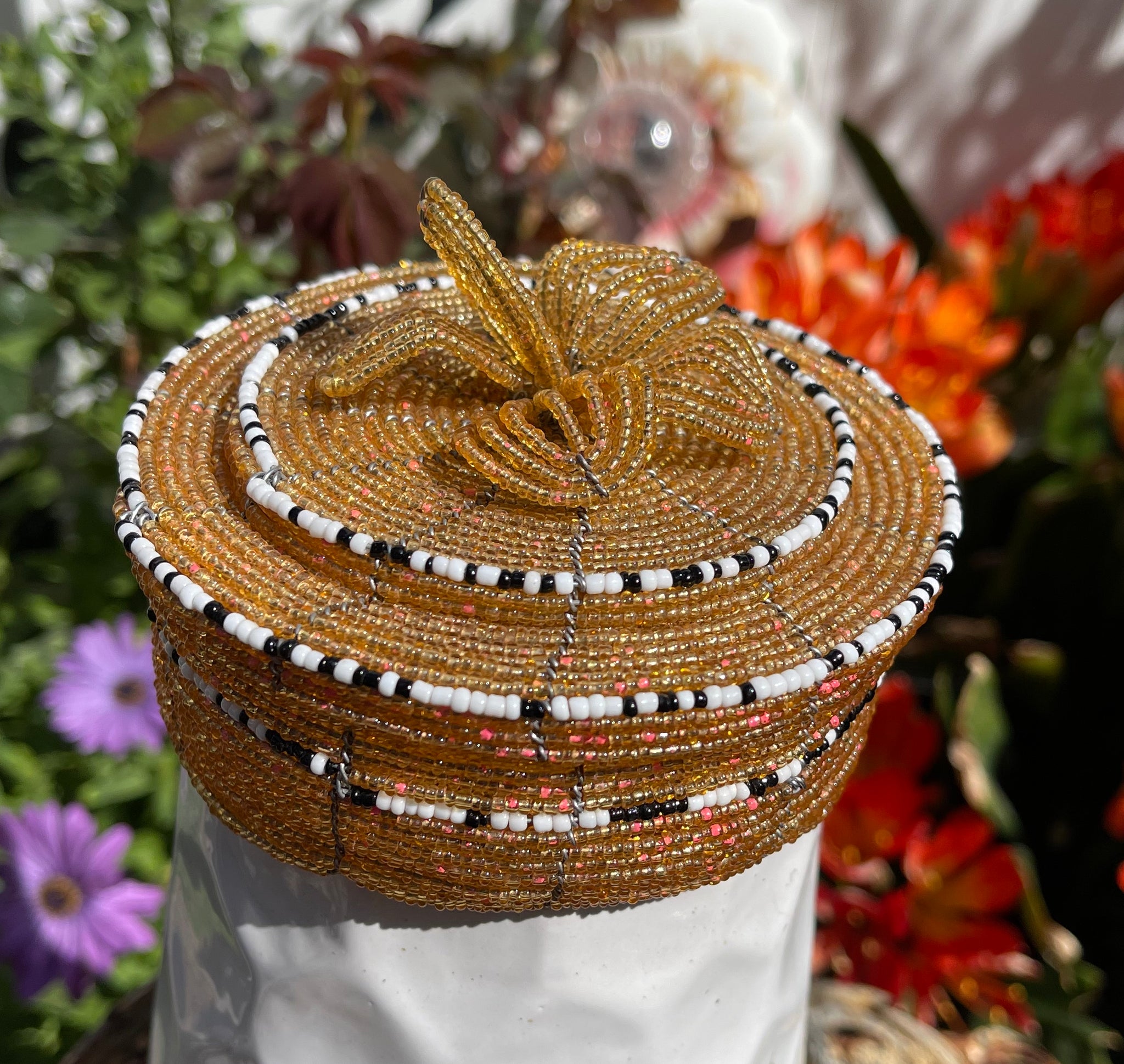 Handmade Round Seed Bead Basket with Lid 1 Handmade Round Seed Bead Basket with Lid