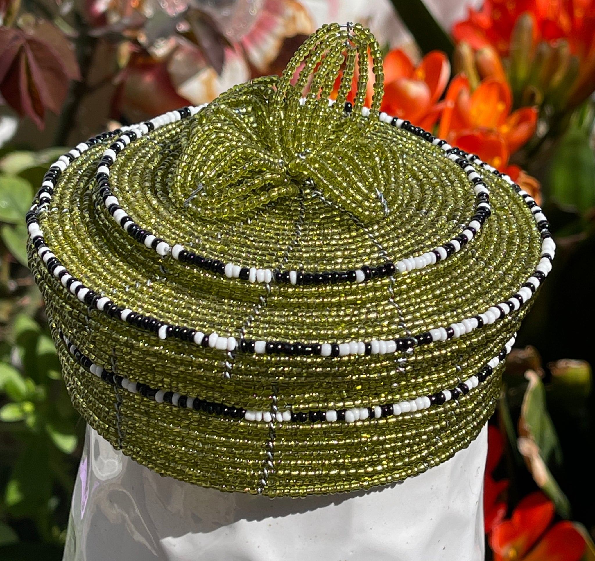 Handmade Round Seed Bead Basket with Lid 1 Handmade Round Seed Bead Basket with Lid