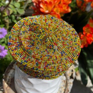Handmade Round Seed Bead Basket with Lid