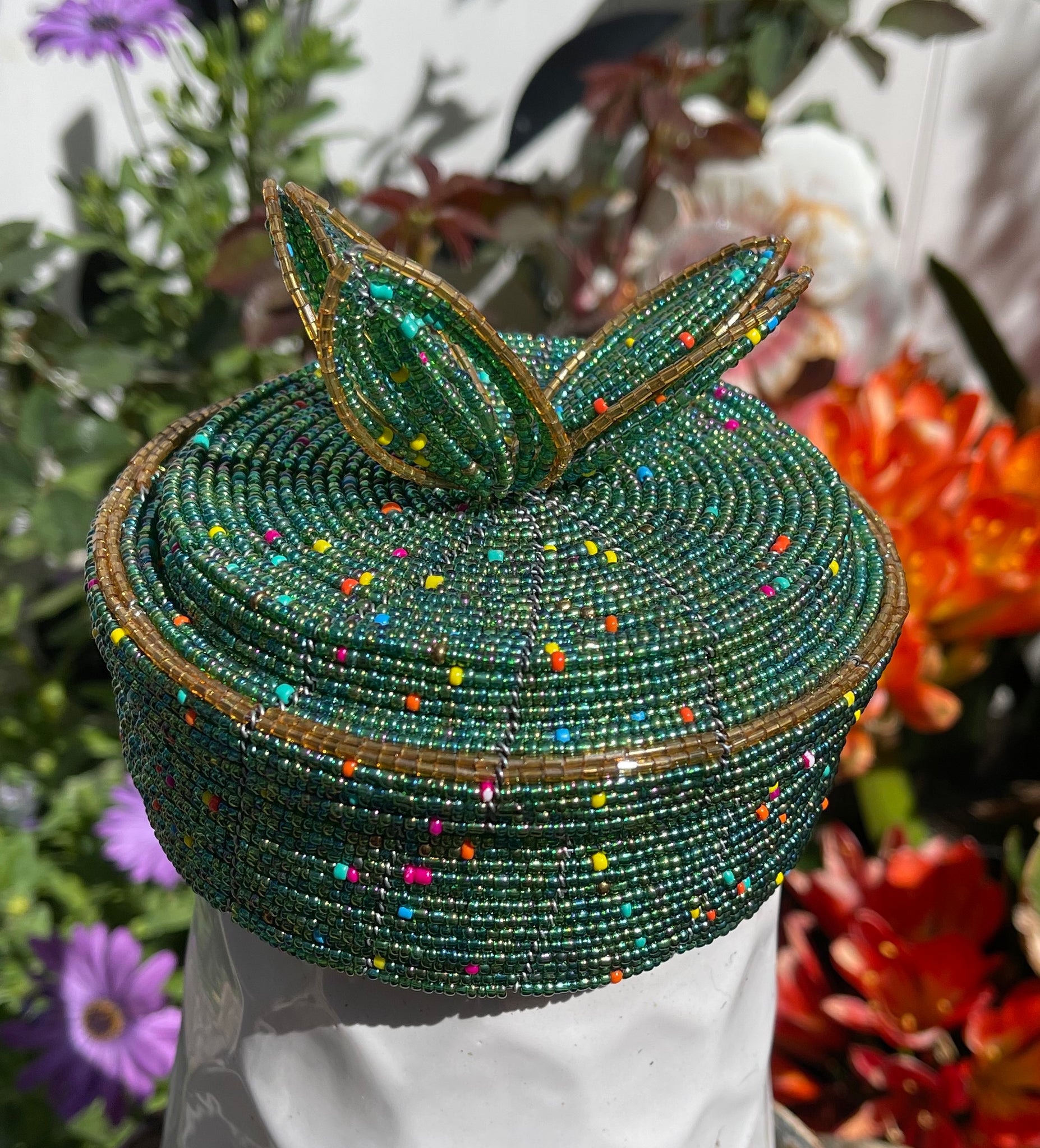 Handmade Round Seed Bead Basket with Lid 1 Handmade Round Seed Bead Basket with Lid