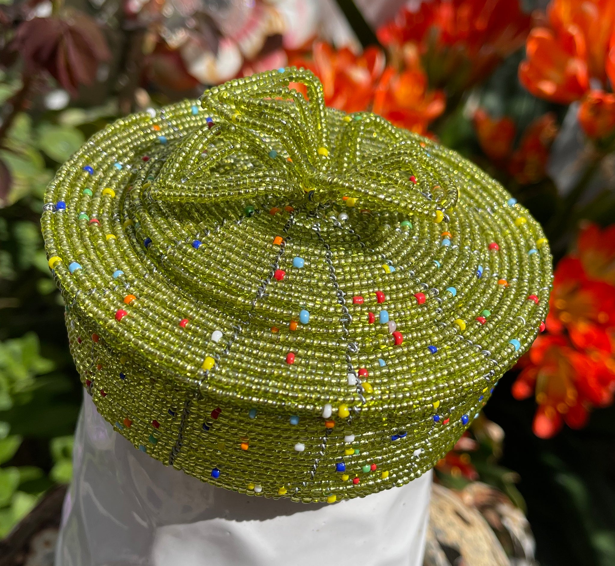 Handmade Round Seed Bead Basket with Lid 1 Handmade Round Seed Bead Basket with Lid