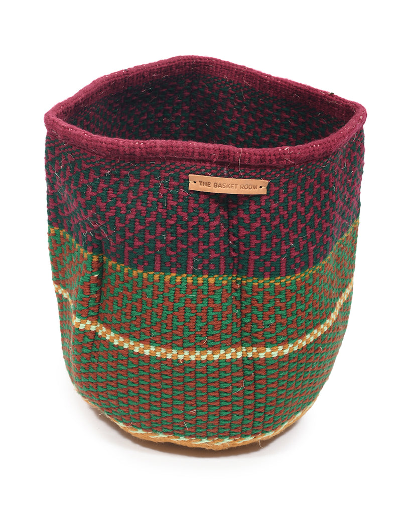 KITENDO: Small Green and Maroon Wool Basket 1 KITENDO: Small Green and Maroon Wool Basket