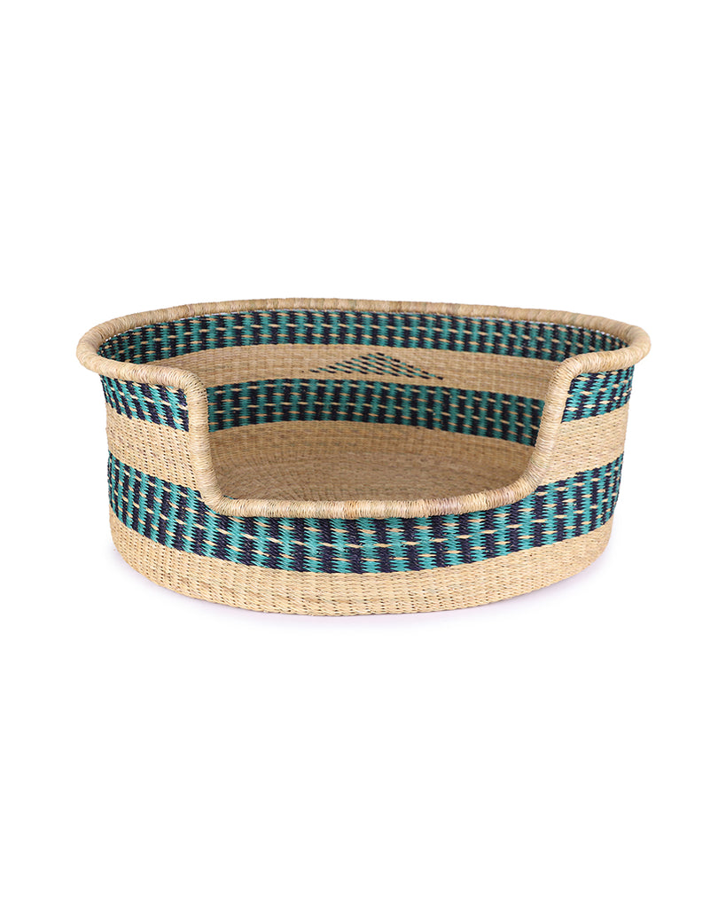 BAWJIASE: Turquoise & Navy Dog Basket - Large 1 BAWJIASE: Turquoise & Navy Dog Basket - Large