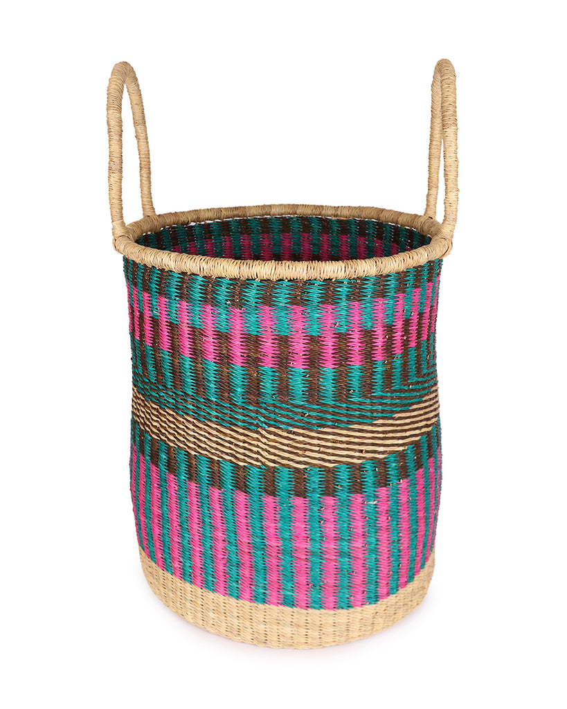 KUSHEA: Large Pink, Turquoise & Brown Log or Laundry Basket 1 KUSHEA: Large Pink, Turquoise & Brown Log or Laundry Basket