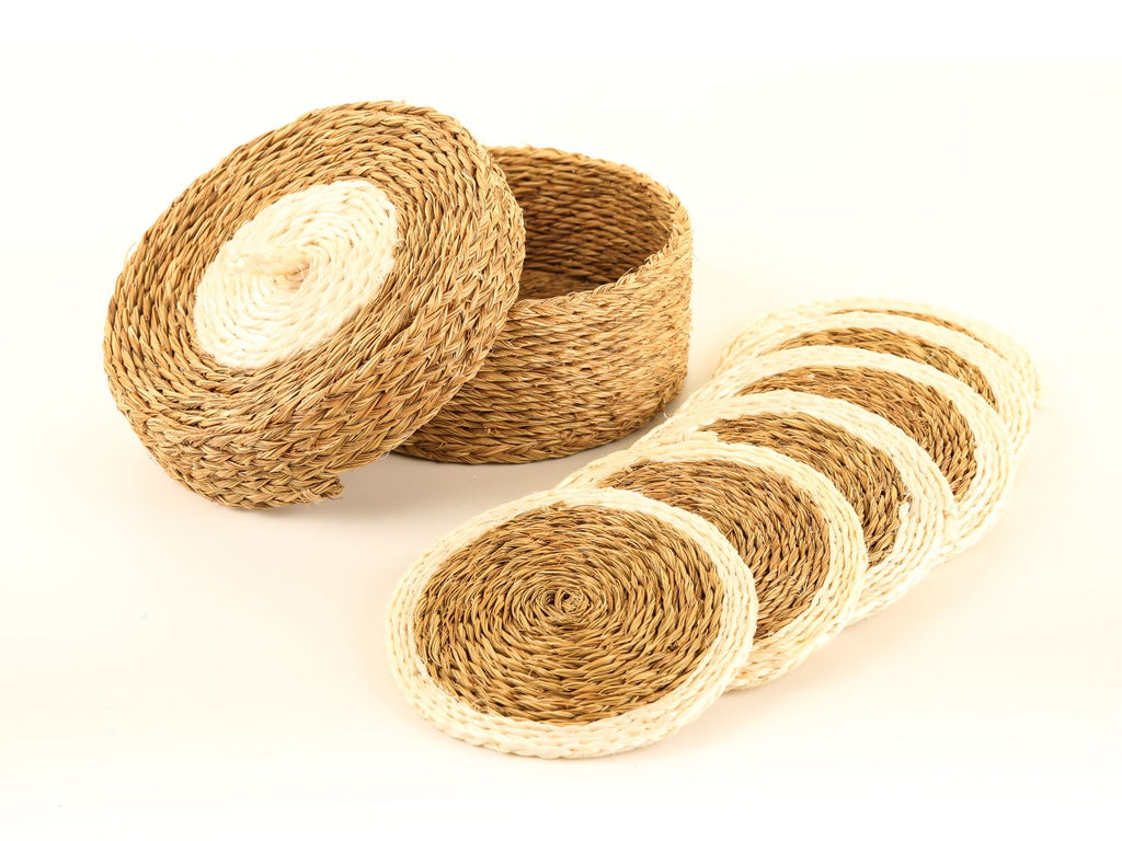 NATURAL: Set of Six White and Natural Coasters 1 NATURAL: Set of Six White and Natural Coasters