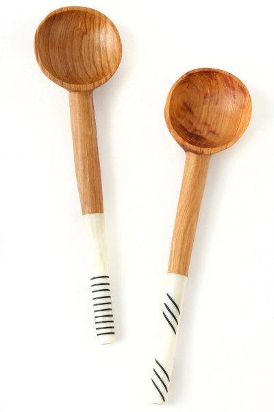 Wild Olive Wood Spoon with Assorted Etched Cow Bone Handles 1 Wild Olive Wood Spoon with Assorted Etched Cow Bone Handles