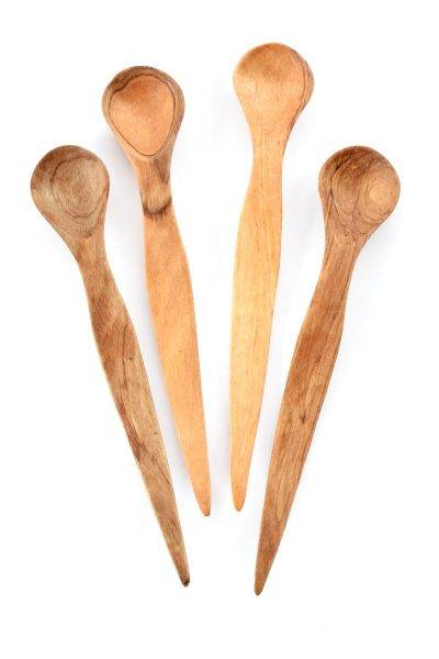 Set of 4 Small Wavy Wild Olive Wood Spice Spoons 1 Set of 4 Small Wavy Wild Olive Wood Spice Spoons