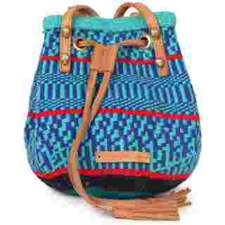 FUMBO: Handwoven Turquoise, Blue and Red Bucket Bag