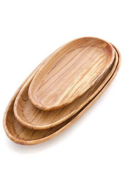 Set of Three Shallow Wild Olive Wood Oval Serving Bowls 1 Set of Three Shallow Wild Olive Wood Oval Serving Bowls