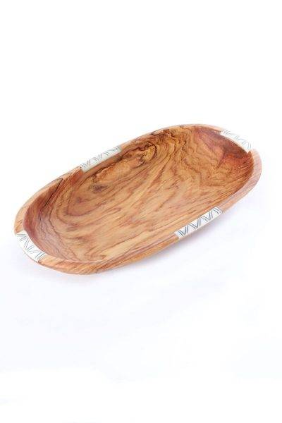12" Wild Olive Wood Oval Bowl with Striped Bone Inlay 1 12" Wild Olive Wood Oval Bowl with Striped Bone Inlay