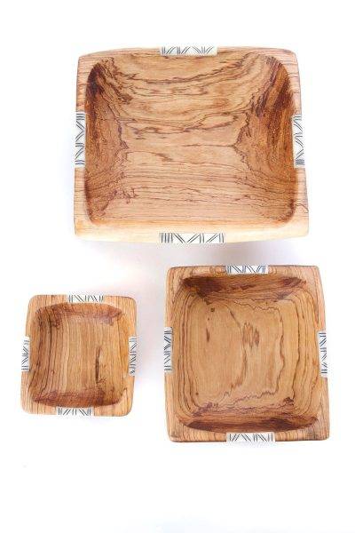 Set of Three Square Wild Olive Wood Square Bowls with Bone Inlay 1 Set of Three Square Wild Olive Wood Square Bowls with Bone Inlay