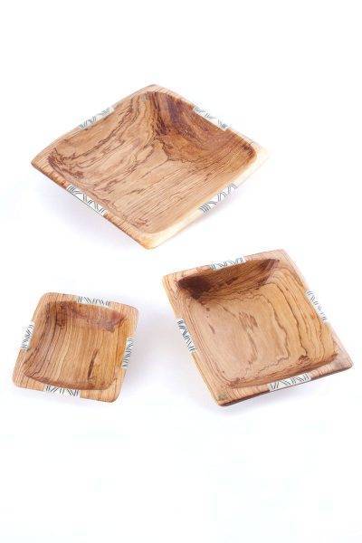 Set of Three Square Wild Olive Wood Square Bowls with Bone Inlay 2 Set of Three Square Wild Olive Wood Square Bowls with Bone Inlay