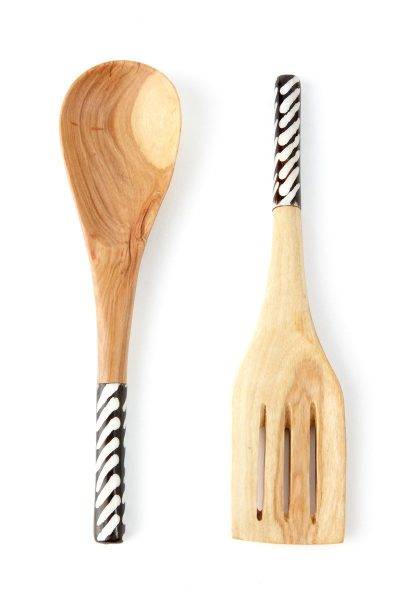 Kenyan Olive Wood Spatula Salad Servers with Bone Handles 1 Kenyan Olive Wood Spatula Salad Servers with Bone Handles