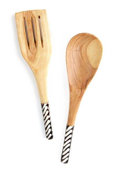 Kenyan Olive Wood Spatula Salad Servers with Bone Handles 2 Kenyan Olive Wood Spatula Salad Servers with Bone Handles