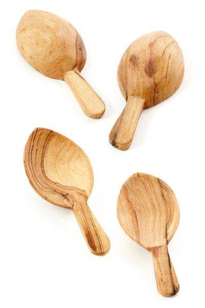 Set of Four Wild Olive Wood Leaf Scoops 1 Set of Four Wild Olive Wood Leaf Scoops
