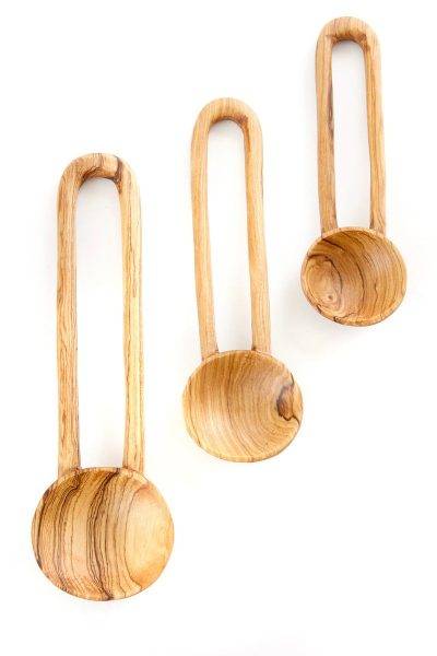 Set of Three Wild Olive Wood Loop Handle Serving Spoons 1 Set of Three Wild Olive Wood Loop Handle Serving Spoons