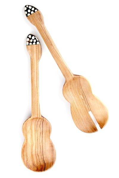 Wild Olive Wood Guitar Salad Server Set with Bone Handles 1 Wild Olive Wood Guitar Salad Server Set with Bone Handles