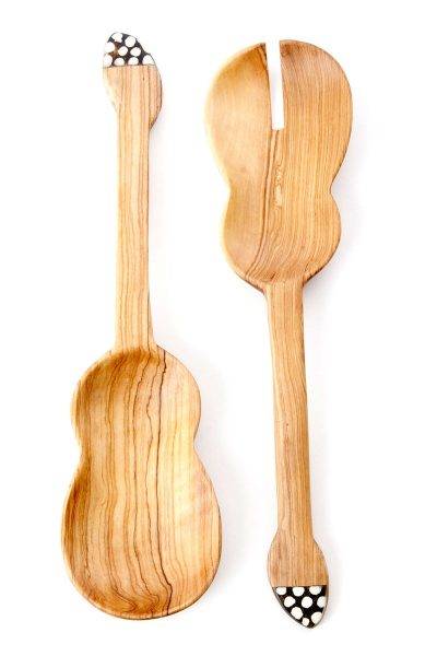 Wild Olive Wood Guitar Salad Server Set with Bone Handles 2 Wild Olive Wood Guitar Salad Server Set with Bone Handles