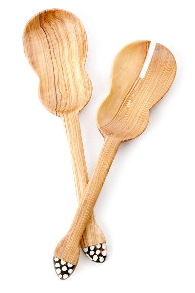 Wild Olive Wood Guitar Salad Server Set with Bone Handles 3 Wild Olive Wood Guitar Salad Server Set with Bone Handles