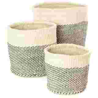 Set of Three Gray and Cream Twill Sisal Nesting Baskets