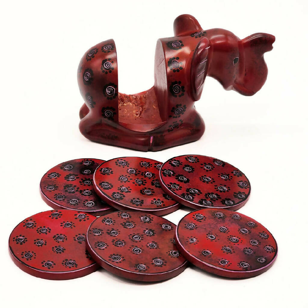 African Elephant Coasters| Soapstone Coasters | Maroon with polka dots flower pattern 1 African Elephant Coasters| Soapstone Coasters | Maroon with polka dots flower pattern