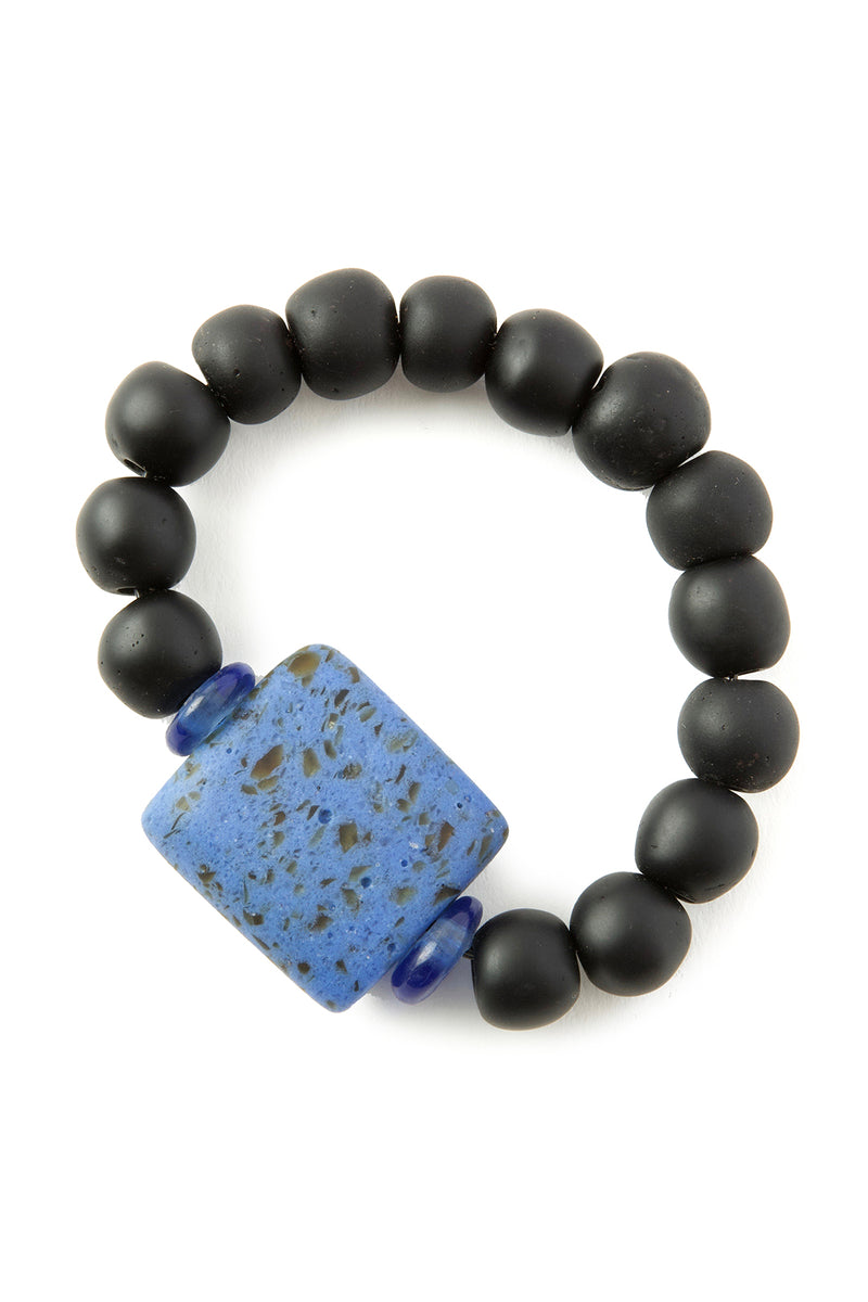 Ghanaian Recycled Glass Plank Bead Bracelet in Blue and Black 1 Ghanaian Recycled Glass Plank Bead Bracelet in Blue and Black