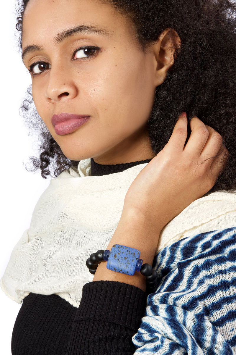 Ghanaian Recycled Glass Plank Bead Bracelet in Blue and Black 2 Ghanaian Recycled Glass Plank Bead Bracelet in Blue and Black