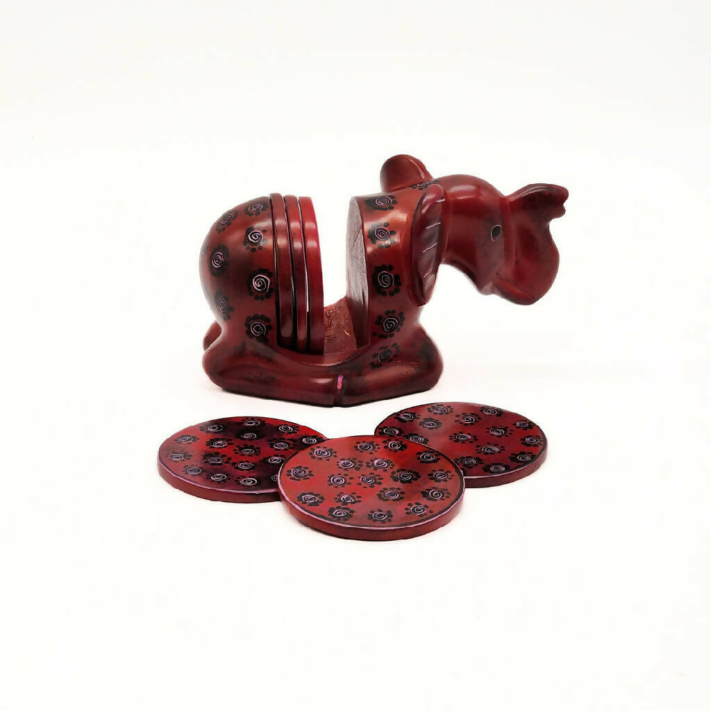 African Elephant Coasters| Soapstone Coasters | Maroon with polka dots flower pattern 4 African Elephant Coasters| Soapstone Coasters | Maroon with polka dots flower pattern