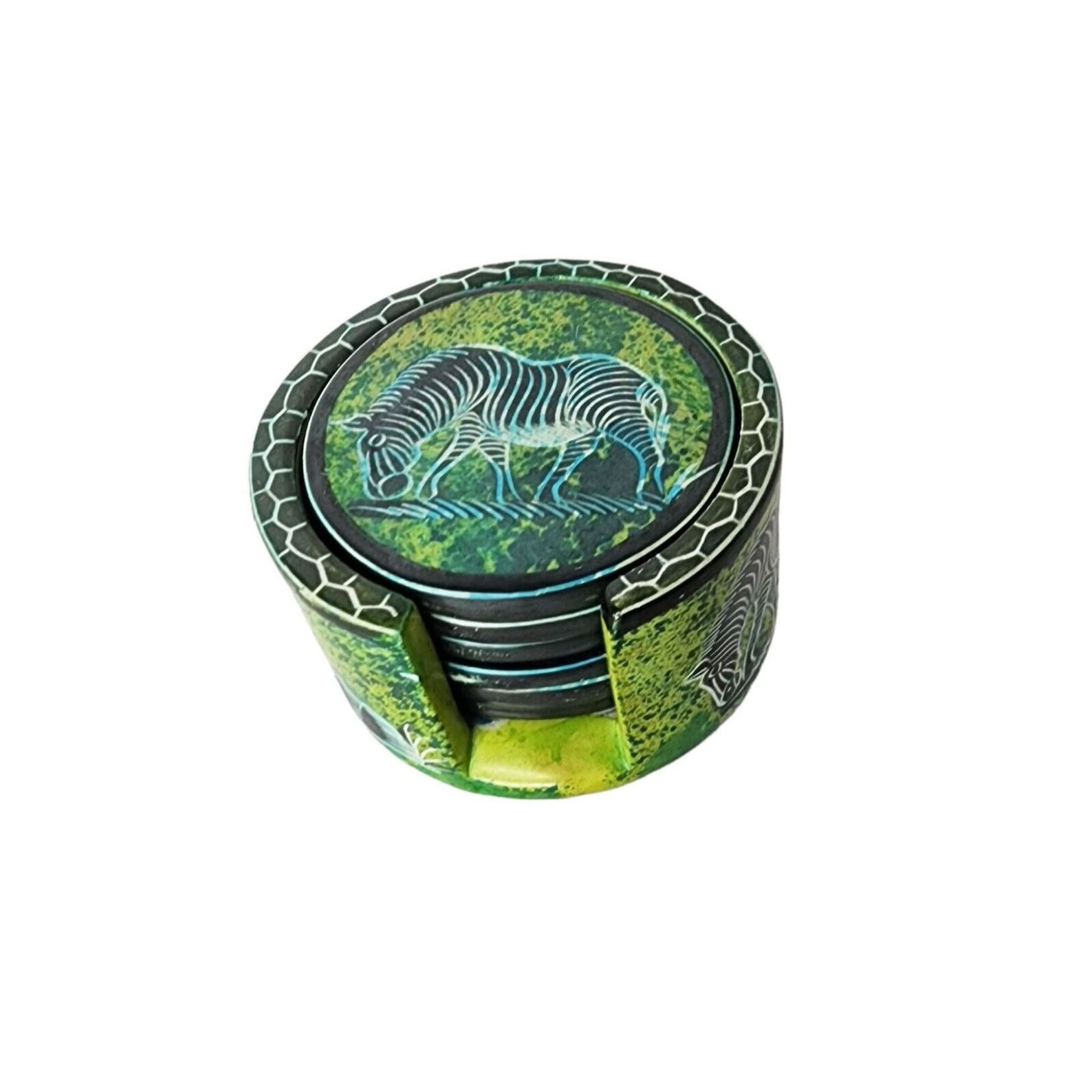 African/Kenya Hand Carved Kisii Soap Stone Coasters w/Holder Safari Animals 1 African/Kenya Hand Carved Kisii Soap Stone Coasters w/Holder Safari Animals